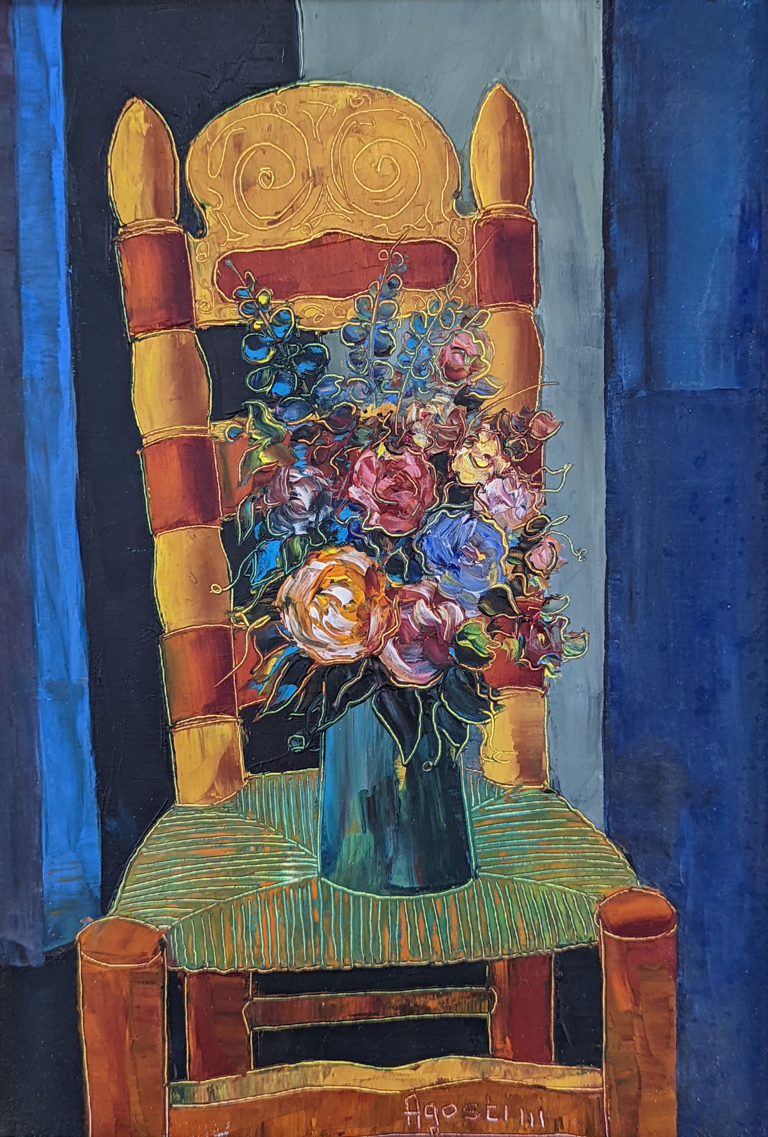 Tony Agostini (1916-1990), oil on canvas, Still life of flowers in a vase upon a chair, signed, 26 x 18cm